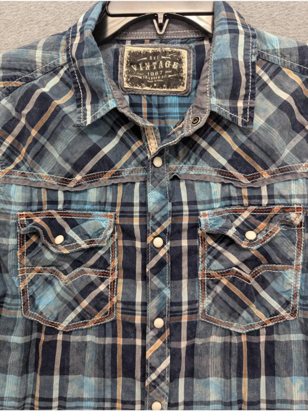 BKE Vintage Shirt Mens Small Blue Plaid Long Sleeve Western Pearl Snap Slim Fit